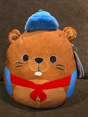 Squishmallows "Chip" Brown Beaver with Blue Hat and Red Scarf